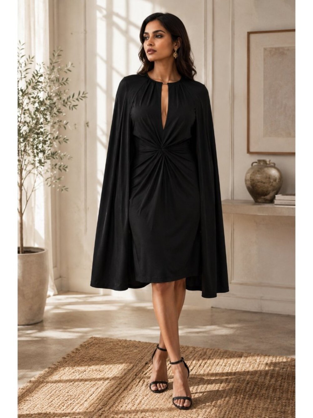 Halston Black Cape Sleeve Cocktail Dress Size 6 Twist Front Keyhole Goth Glamour